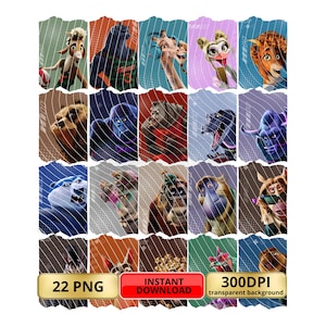 May include: A collection of 22 PNG images featuring various cartoon animal characters. Each image is a rectangular shape with a torn edge design and a unique animal illustration. The images have a transparent background and are labeled "Instant Download" and "300DPI".