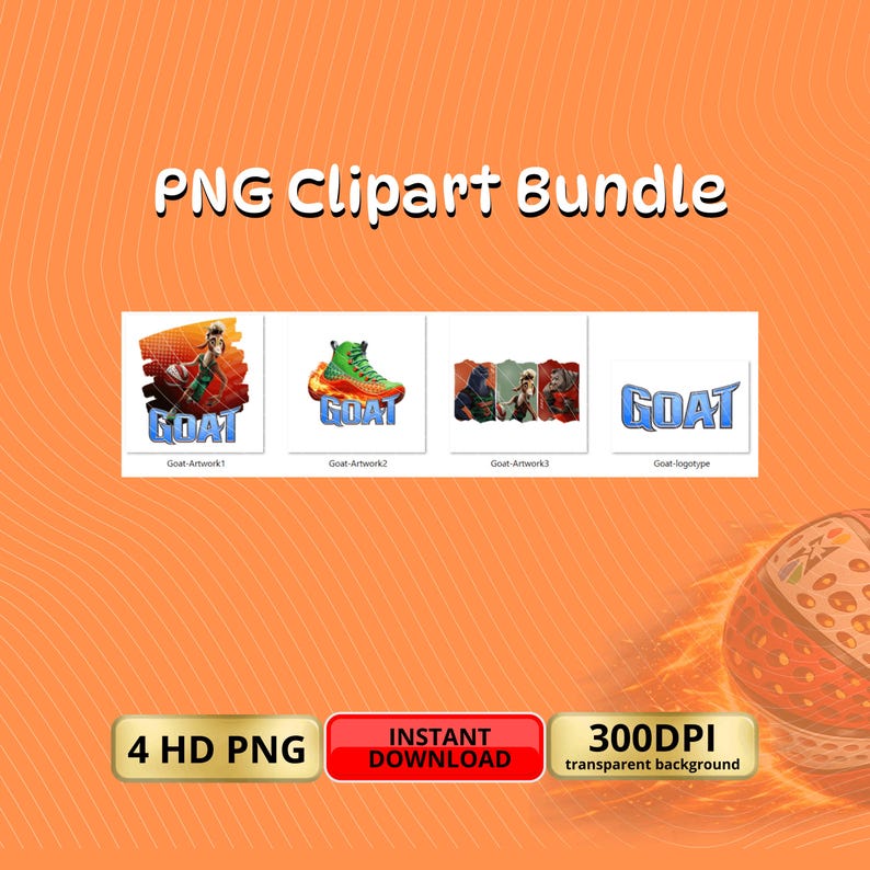 Graphic showing 4 GOAT movie PNGs including a basketball goat character, fire shoes, and logotype on an orange background.