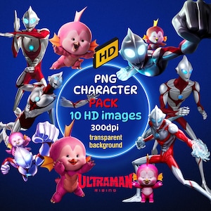 Op de afbeelding: Een digitaal illustratiepakket met 10 afbeeldingen in hoge resolutie van Ultraman-personages. De personages staan in verschillende poses en omvatten een roze gevleugeld wezen, een rood-zilveren Ultraman en een blauw-zilveren Ultraman. De afbeeldingen hebben een transparante achtergrond. De tekst "PNG CHARACTER PACK 10 HD images 300dpi transparent background" wordt weergegeven in een blauwe cirkel. De tekst "ULTRAMAN RISING" wordt weergegeven in een zwarte rechthoek.