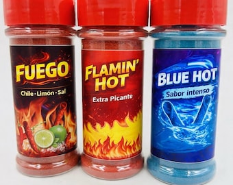 Condimento mexicano para chile Fuego, polvo azul extra picante para refrigerios, ideal para frutas, papas fritas y dulces.
