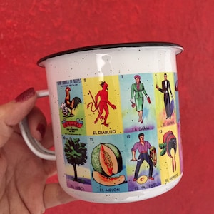 Tazas de lotería/tazas de café/tazas para regalo/tazas divertidas/regalos divertidos/diseño mexicano/tazas esmaltadas/tarjetas de lotería/lotería mexicana