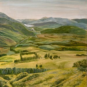 May include: An oil painting of a landscape featuring rolling green hills and mountains under a cloudy sky. A river winds through the valley, and trees dot the landscape. The color palette is dominated by greens, browns, and blues.