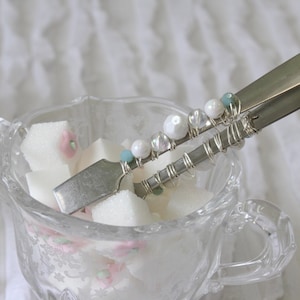 White and Teal beaded Sugar Tongs/Sugar tongs/tongs/Fancy Sugar tongs/tea time/ tea parties