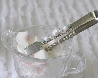 White and Teal beaded Sugar Tongs/Sugar tongs/tongs/Fancy Sugar tongs/tea time/ tea parties