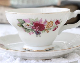 Floral pinks and burgundy tea cup made in Japan, tea cup, china, china tea cup, floral tea cup