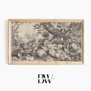 May include: A black and white framed print of a vintage botanical illustration featuring a variety of plants and gourds.