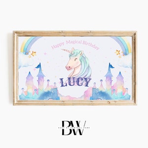 May include: A watercolor illustration of a unicorn with a rainbow and castles. The text "Happy Magical Birthday Lucy" is written on the image.