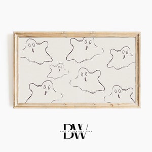 May include: A framed print with a repeating pattern of black ghost illustrations on a cream background. The artwork is in a light brown wooden frame, ideal for Halloween decorations.