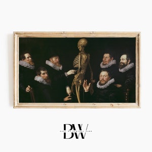 May include: A painting depicting seven men in dark attire, gathered around a human skeleton. The men are wearing white collars and have solemn expressions. The skeleton is standing upright and is the central subject of the artwork.