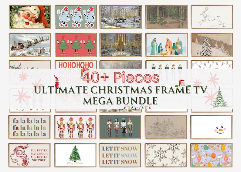 May include: A collection of framed Christmas-themed digital art pieces. The images include Santa Claus, snowmen, Christmas trees, winter landscapes, and holiday greetings. Text on the image reads "40+ Pieces Ultimate Christmas Frame TV Mega Bundle".