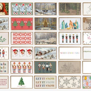 May include: A collection of framed Christmas-themed art prints. The prints feature various holiday images, including Santa Claus, snowmen, Christmas trees, winter scenes, nutcrackers, and festive text like "Merry Christmas" and "Let it Snow."
