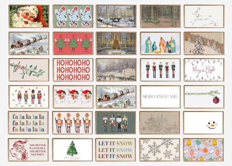 May include: A collection of framed Christmas-themed art prints. The prints feature various holiday images, including Santa Claus, snowmen, Christmas trees, winter scenes, nutcrackers, and festive text like "Merry Christmas" and "Let it Snow."