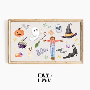 May include: A watercolor illustration of Halloween themed clipart. The image features a ghost, a witch's hat, a scarecrow, a black cat, a pumpkin, a cauldron, candy corn, bats, stars, and the word "BOO!" in purple letters.