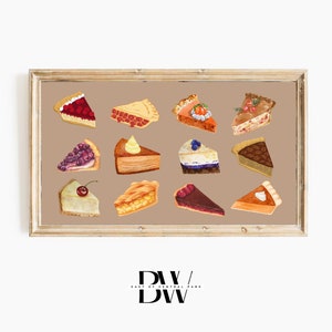 May include: A framed print displaying watercolour illustrations of assorted pie slices. The slices depict diverse fillings, such as berries, custard, and nuts, set against a neutral backdrop. The frame is a light brown colour.