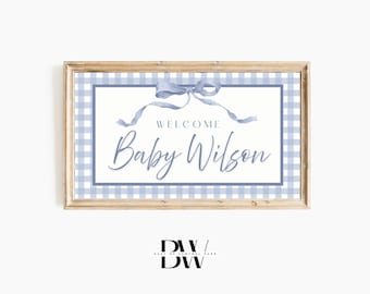 Frame TV Art | Custom Baby Shower Art | Welcome Baby, Gingham | Frame TV Baby Shower | Tv Wallpaper | Art for Frame TV