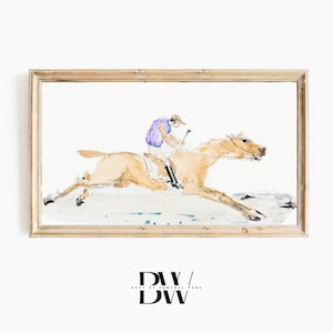 May include: A watercolor painting of a person riding a horse. The horse is brown and the person is wearing a purple shirt and a white helmet. The painting is framed in a light wood frame.