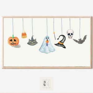 May include: A watercolour illustration of Halloween decorations hanging from a string. The decorations include a pumpkin, candy corn, a black cat, a ghost, a witch's hat, a skull, and a bat.