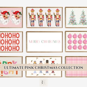 May include: A collection of nine printable Christmas art prints featuring pink and red colours. The prints include images of Santa Claus, a nutcracker, Christmas trees, baubles, and text that says "HO HO HO" and "Merry Christmas".