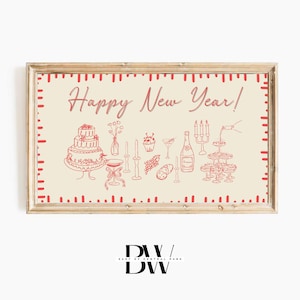 Puede incluir: Una impresión enmarcada con un borde a rayas rojo y blanco. La impresión presenta una ilustración dibujada a mano de un pastel, champán y otros artículos de celebración. El texto "Happy New Year!" está escrito en rojo en la parte superior de la impresión.