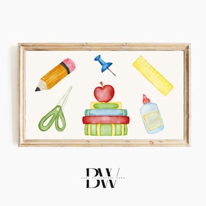 May include: A watercolor illustration of school supplies, including a pencil, scissors, a stack of books with an apple on top, a push pin, a ruler, and a bottle of glue.