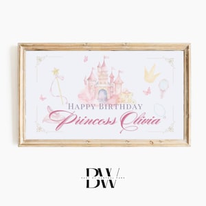 May include: A framed print with a watercolor illustration for a princess-themed birthday. The design features a pink castle, a wand, a crown, and the text "Happy Birthday Princess Olivia."