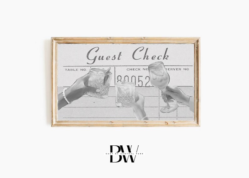 Peut inclure: Illustration en noir et blanc de trois mains tenant des verres de boissons. L'image est encadr&eacute;e et porte le texte "Guest Check" et "Check No. 80052".