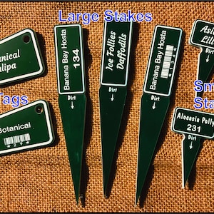 May include: A collection of green plant tags and stakes with white lettering. The tags read "Botanical Tulipa" and "Botanical". The stakes are labeled "Banana Bay Hosta", "Ice Follies Daffodils", "Asiatic Lilies", and "Alocasia Polly".