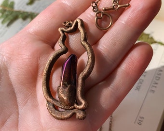 Crazy Cat Lady Necklace, Purple Crystal Cat Jewelry, Purple Titanium Quartz, Kitty Cat Lady Jewelry, Electroformed Copper Cat Mom Gifts