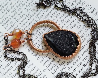 Electroformed Crystal Necklace, Sparkly Black Druzy Pendant, Handmade Copper Jewelry, Carnelian Beaded Statement Necklace, Meditation Gift
