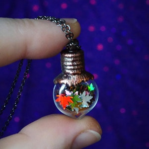 May include: A silver chain necklace with a clear glass pendant filled with colorful glitter resembling autumn leaves. The pendant has a copper-colored top.