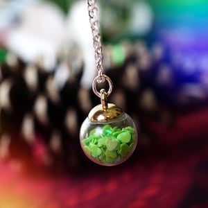 Snow Globe Necklace w/Light Green Heart Confetti, Glass Green Christmas Bulb Pendant Jewelry, Handmade Stocking Stuffers, Holiday Necklace