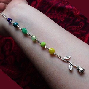 Rainbow Bead Rose Necklace, Taste The Rainbow, Blues and Greens Long Beaded Necklace, Silver Toned Floral Rose Necklace, LGBTQIA Pride Gifts