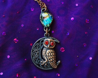 Pentacle Owl Charm Necklace, Dichroic Glass Art Necklace, Copper Owl w/ Orange Swarovski Crystal Eyes, Bird Lovers Dangle Statement Necklace