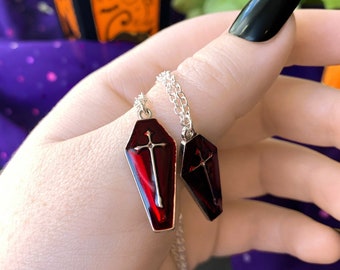 Bloody Red Coffin Charm Necklace, Layering Necklace, Red Cross Coffin, Goth Aesthetic, Red Enamel Charm Dracula Pendant, Alternative Jewelry