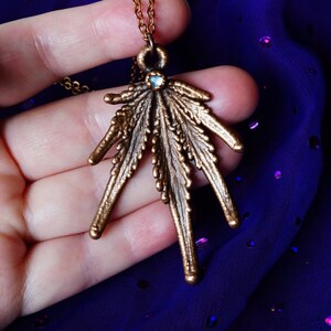 Electroformed Cannabis Leaf Necklace, Preserved Nature Inspired Gift, Copper Jewelry, Moonstone Crystal Necklace, Ganja Babe Weed Jewelry