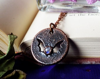Copper Bat Necklace, Goth Aesthetic Bat Lovers Halloween Jewelry, Rainbow Moonstone Necklace, Handmade Valentine's Day Bat Gifts