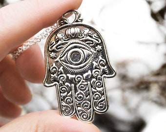 Large Hamsa Hand Pendant Necklace, Reversible Silver Toned Hamsa Hand, Chakra Alignment Meditation Jewelry, Yoga Gifts, Protection Jewelry