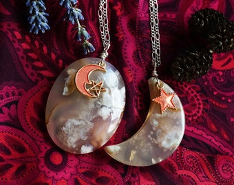 Cherry Blossom Agate Necklaces, BFF Jewelry Gift Set, Best Friends Forever Gifts For Girls, Crescent Moon and Star Pendants