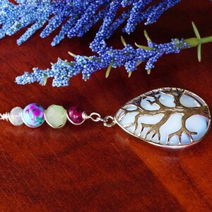 Opalite Tree Of Life Pendant, Blue Beaded Dangle Necklace, Bohemian Gifts For Mom, Wire Wrapped Jewelry, Long Boho Necklace For Mother&#39;s Day