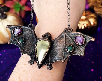 Large Bat Pendant, Electroformed Copper Bat Necklace, Statement Piece, Gothic Crystal Jewelry, Pyrite, Green Aventurine, & Pink Sapphire