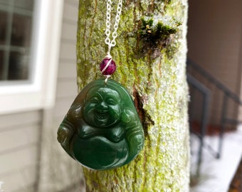 Green Jade Buddha Pendant Necklace, Carved Agate Crystal Buddha, Heart Chakra Stone, Yoga Jewelry, Wire Wrapped Handmade Crystal Necklace
