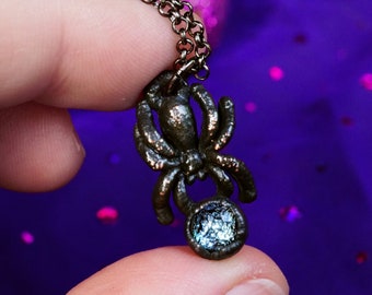 Small Black Spider Necklace, Wiccan Jewelry, Electroformed Copper Necklace, Blue Dichroic Glass Pendant, Witchy Jewelry, Spider Lover Gift