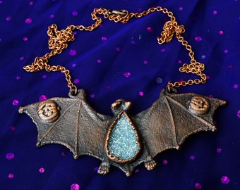Copper Pumpkin Bat Necklace, Blue Druzy Pendant, Gothic Jewelry, Alternative Girl Goth Aesthetic, Halloween Jack O' Lantern Necklace