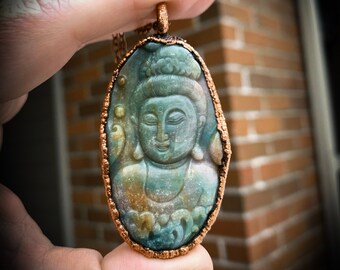 Handmade Agate Buddha Necklace, Hippie Style Crystal Amulet, Carved Agate Buddha Statement Pendant, Electroformed in Copper