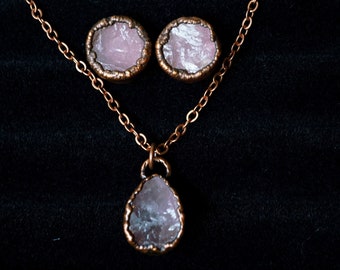 Crystal Jewelry Set, Rose Quartz Stud Earrings, Copper Necklace, Rose Quartz Crystal Necklace and Earrings, Rose Quartz Set, Stone Of Love