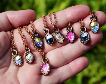 Copper Skull Jewelry, Swarovski Skull Pendant Necklace, Rainbow Electroformed Jewelry, Pink Crystal Skull Carving, Handmade Gothic Jewelry