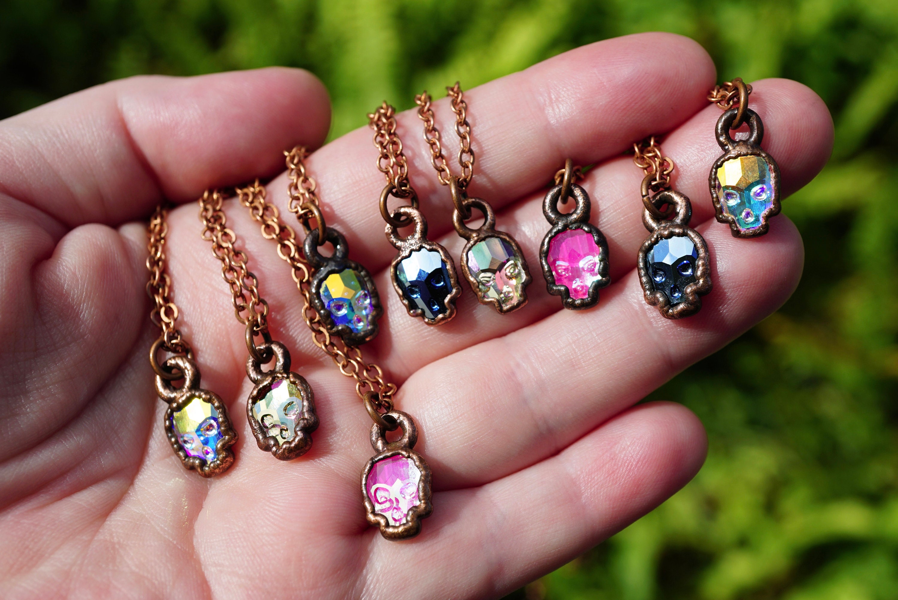 Copper Skull Jewelry, Swarovski Skull Pendant Necklace, Rainbow Electroformed Jewelry, Pink Crystal Skull Carving, Handmade Gothic Jewelry - Etsy Copper Skull Jewelry, Swarovski Skull Pendant Necklace, Rainbow Electroformed Jewelry, Pink Crystal Skull Carving, Handmade Gothic Jewelry - Etsy
