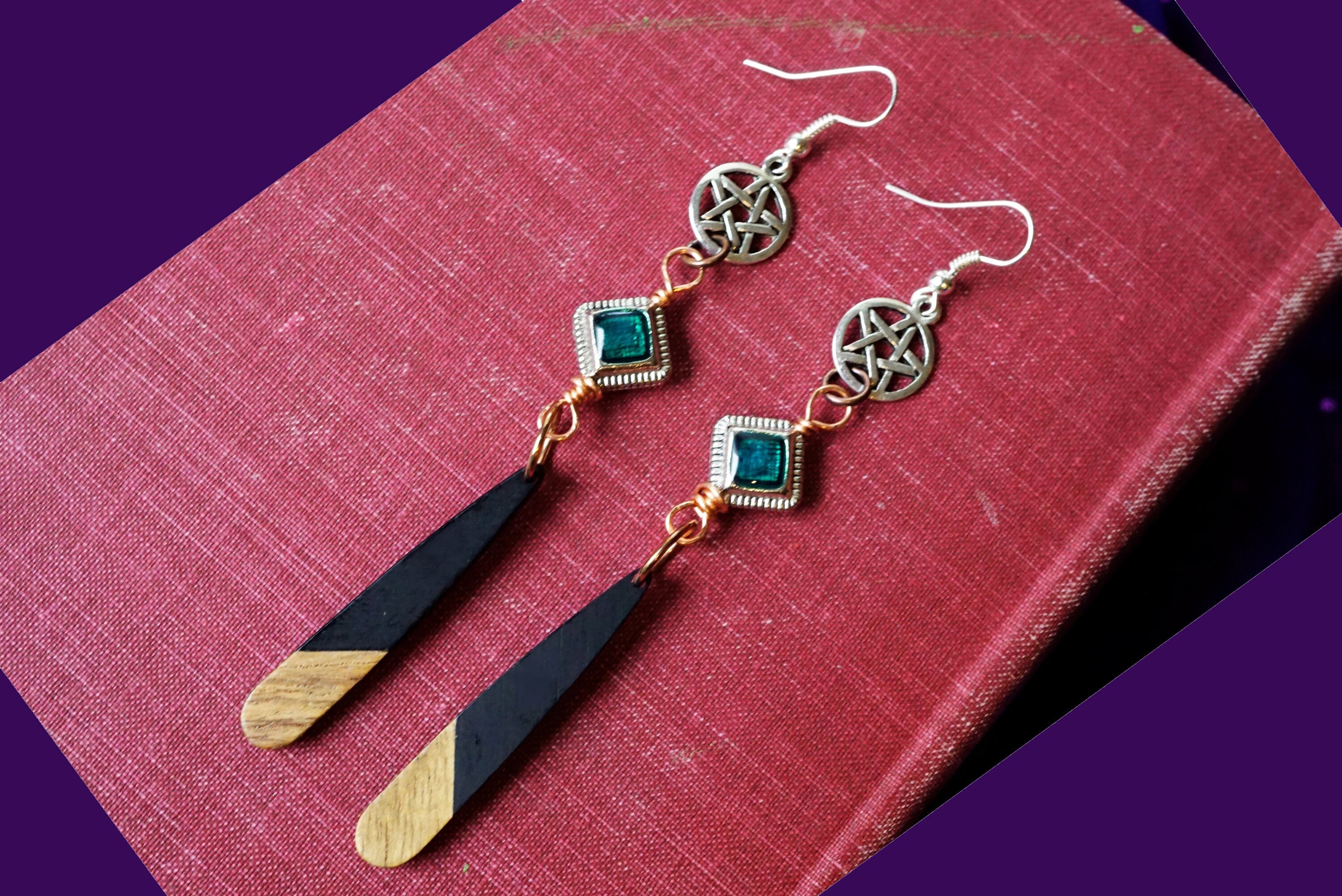Witch Dangle Pentacle Earrings, Unusual Gifts, Handmade Witchy Jewelry Gifts, Statement Earrings, Copper Wire Wrapped Jewelry product image