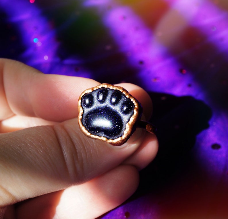 Cat Lovers Gifts Blue Crystal Ring Kitty Ring Crystal Jewelry Cat Paw Ring Cat Paw Ring Electroformed Copper Ring Handmade Ring