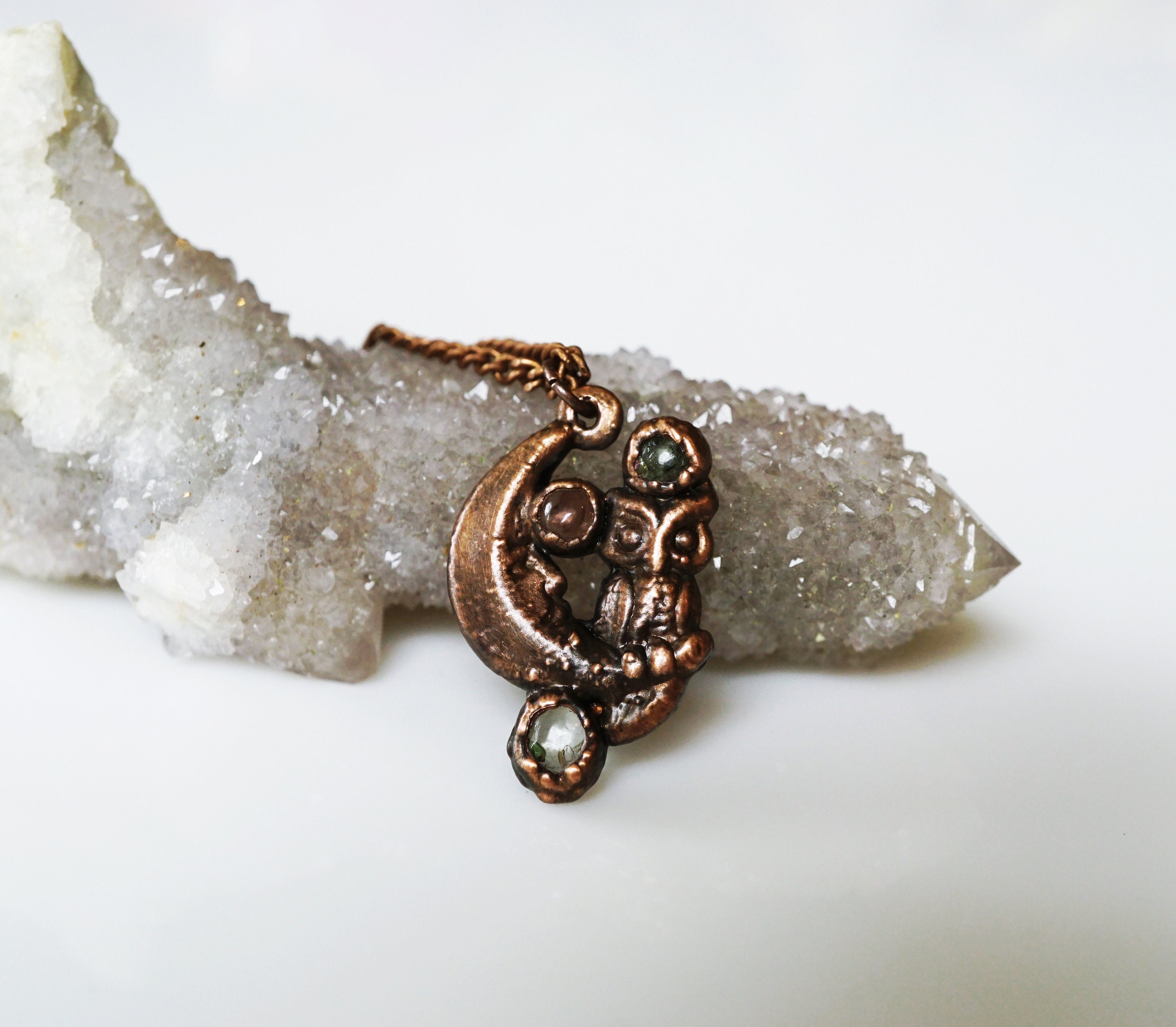 Copper Owl Moon Necklace, Pink & Green Tourmaline Crystal Jewelry, Crescent Moon Pendant, Heart 